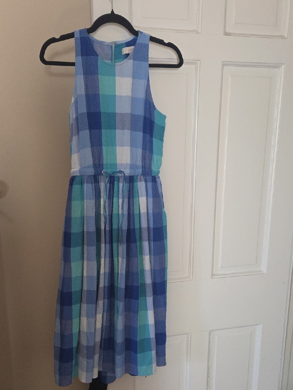LOFT Blue and Aqua Plaid Sleeveless Dress With Pockets In Size Small Petite